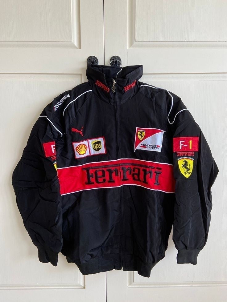 Black Ferrai F1  fully embroidery parachute material jacket