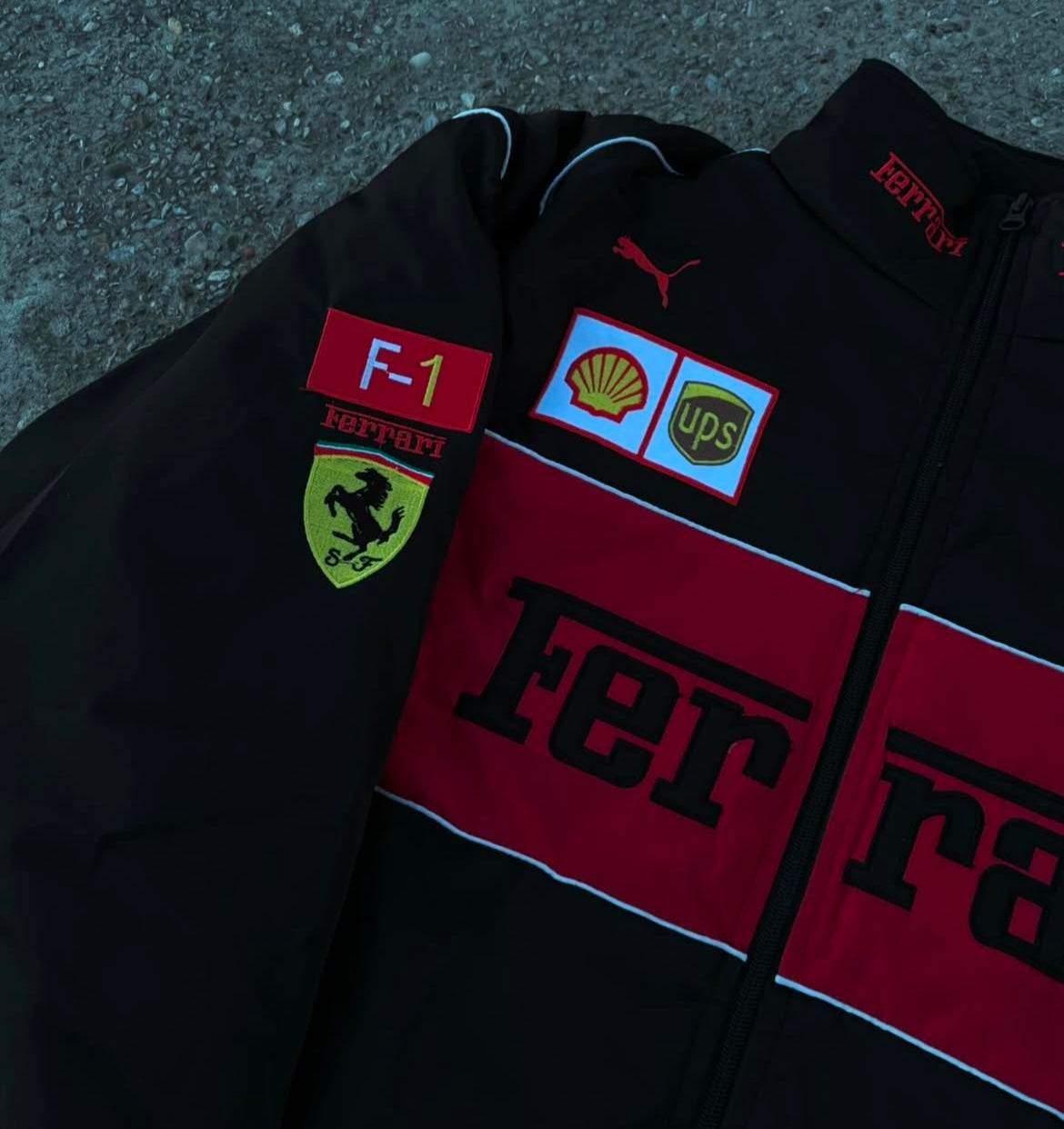 Black Ferrari F1 jacket denim material full embroidery