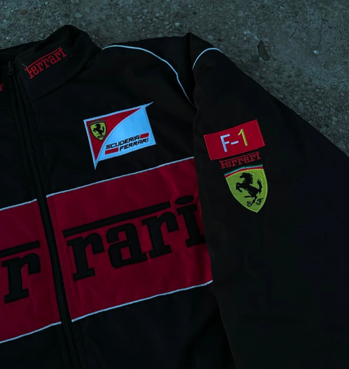 Black Ferrari F1 jacket denim material full embroidery